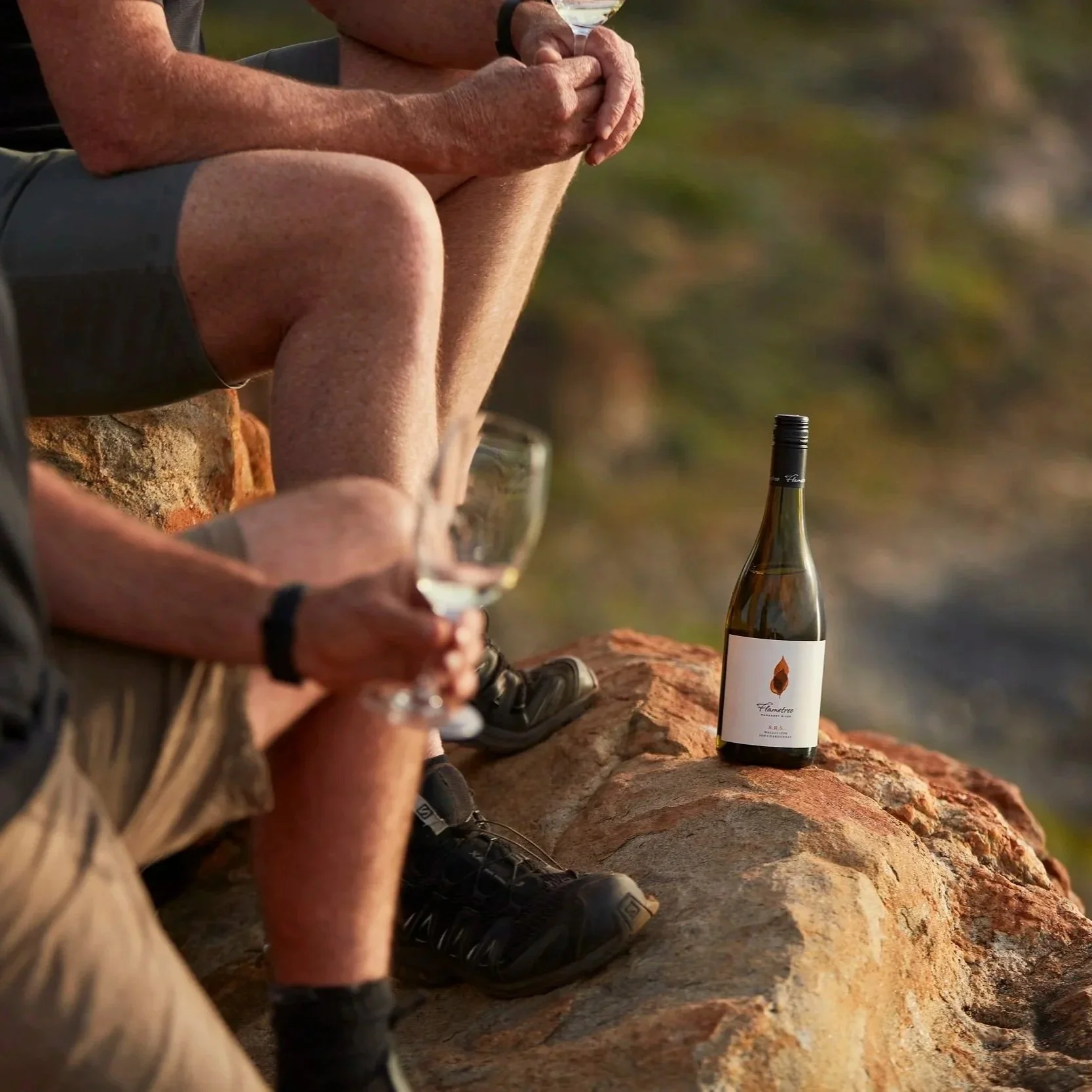 People sitting on rocks with a bottle of wine and two wine glasses outdoors in a natural landscape.