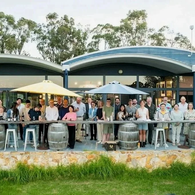 Large group of winemakers shown at a collaborative wine event for the Great Southern Wine Region, held at Dukes Vineyard.