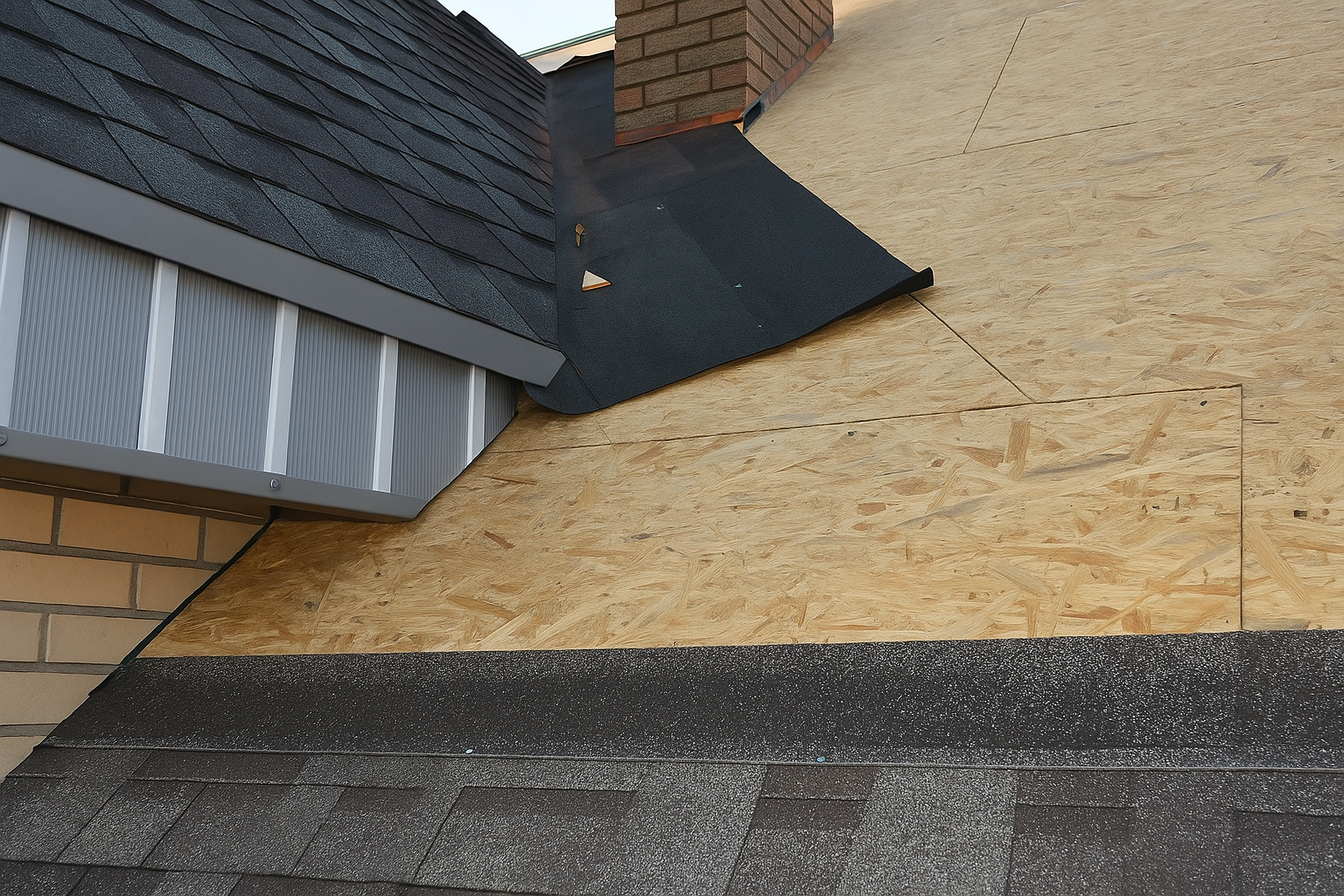 Close-up of a roof corner showing black asphalt shingles, a section of plywood sheathing, a vent pipe, and brick chimney.