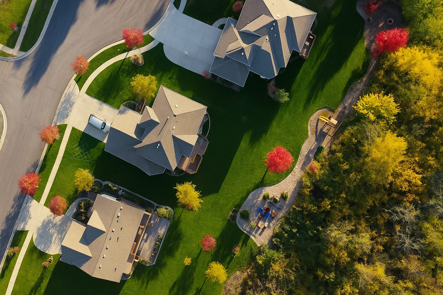 Aerial view of residential houses, manicured lawns, colorful trees, and a park with walking paths on a sunny day.
