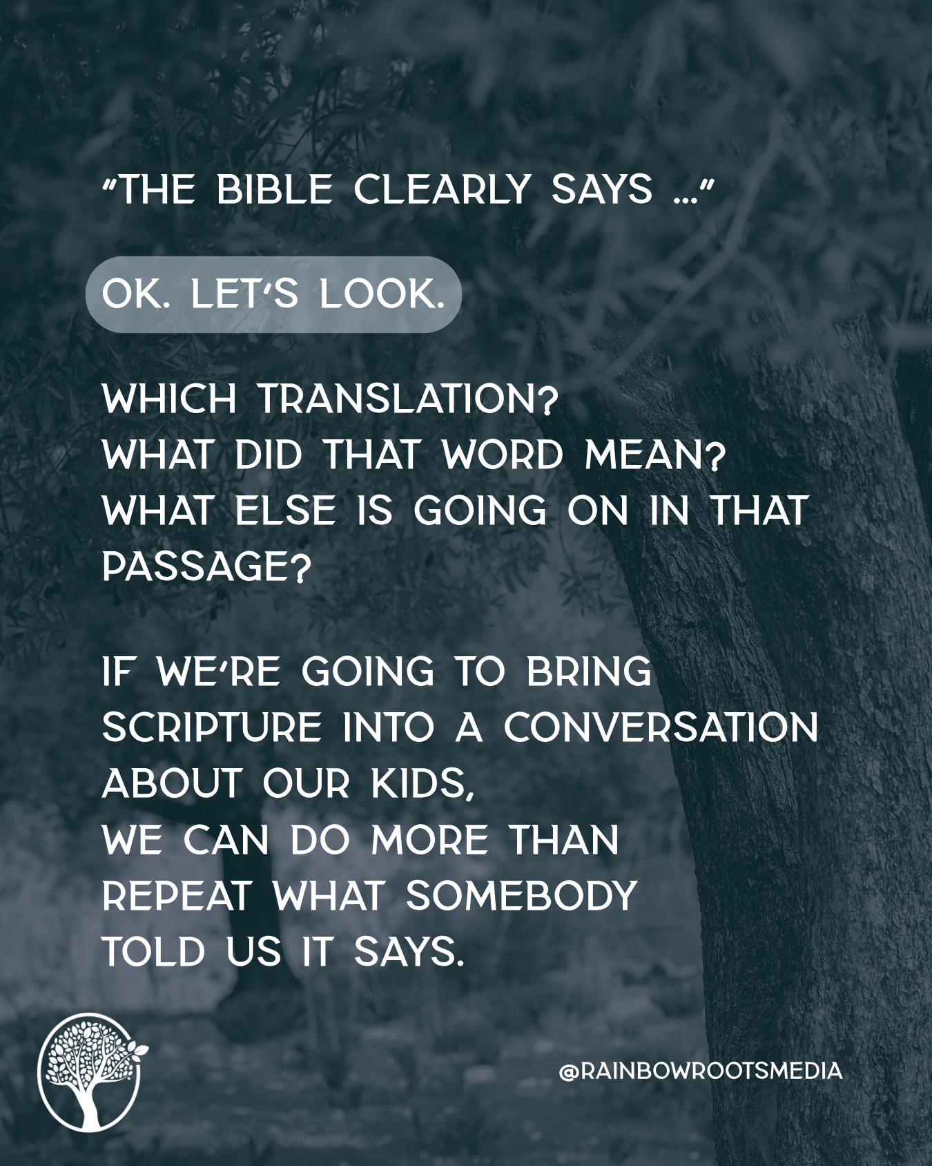 Graphic reads: “‘The Bible clearly says…’ OK. Let’s look. Which translation? What did that word mean? What else is going on in that passage?
