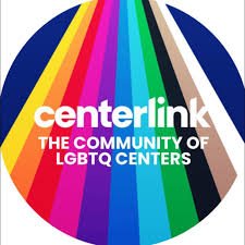 CenterLink logo, a round image containing colors from the Progress Pride Flag with the words "centerlink, the community of LGBTQ centers" in bold white lettering.