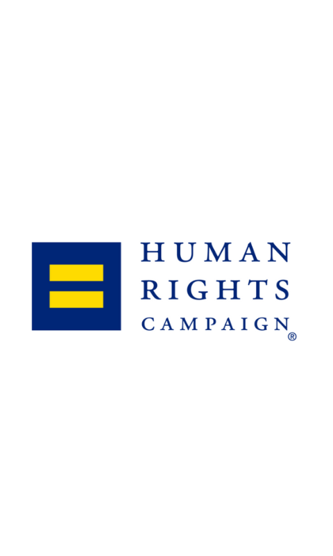 Human Rights Campaign Logo, featuring a navy blue square with a bold yellow equal sign to the left of the words, "Human Rights Campaign."