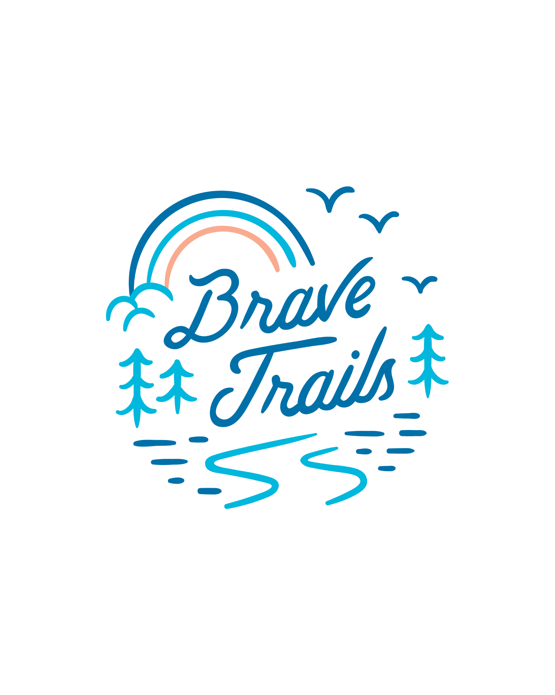 Brave Trails Logo, an illustration containing elements of summer camp like a river, trees, and birds, with the words "Brave Trails" written in blue script, topped by a rainbow