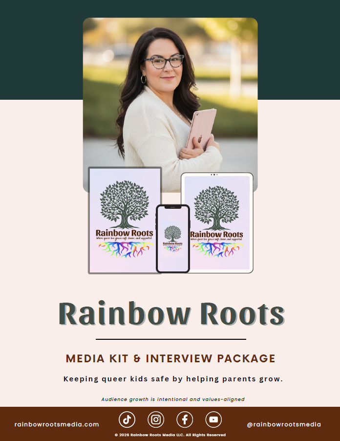 Image of cover of Rainbow Roots Media Kit, including the logo and image of founder.