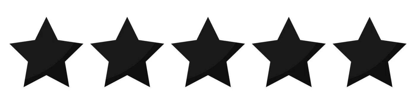 Five black stars in a row on a white background.