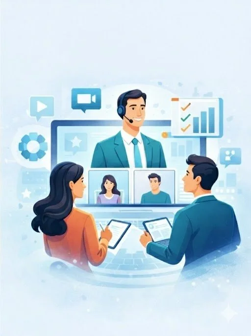 Illustration of a virtual meeting with three participants using tablets and laptop screens, including a man with a headset and a woman with long hair, set against a background of charts and icons.