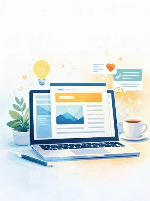 Illustration of a laptop on a desk with a pen, a potted plant, a coffee cup, and digital icons like a lightbulb, heart, checkmarks, and notifications.