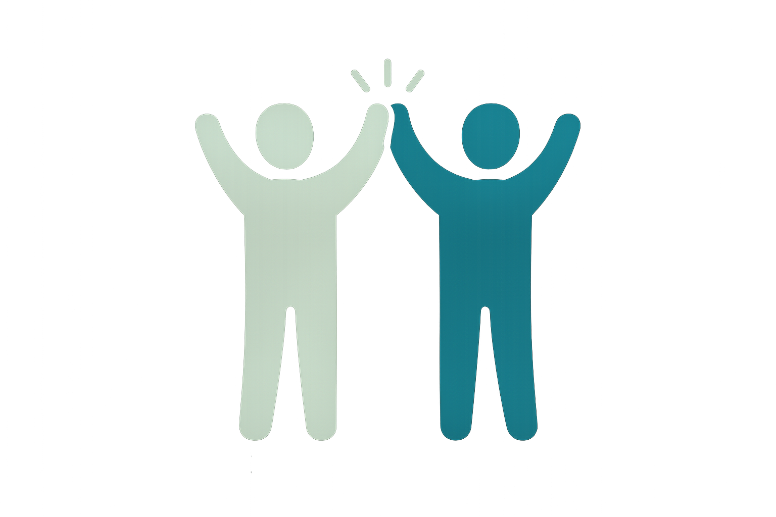 Two stylized human figures, one white and one blue, with raised arms and holding a trophy together, symbolizing celebration or achievement.