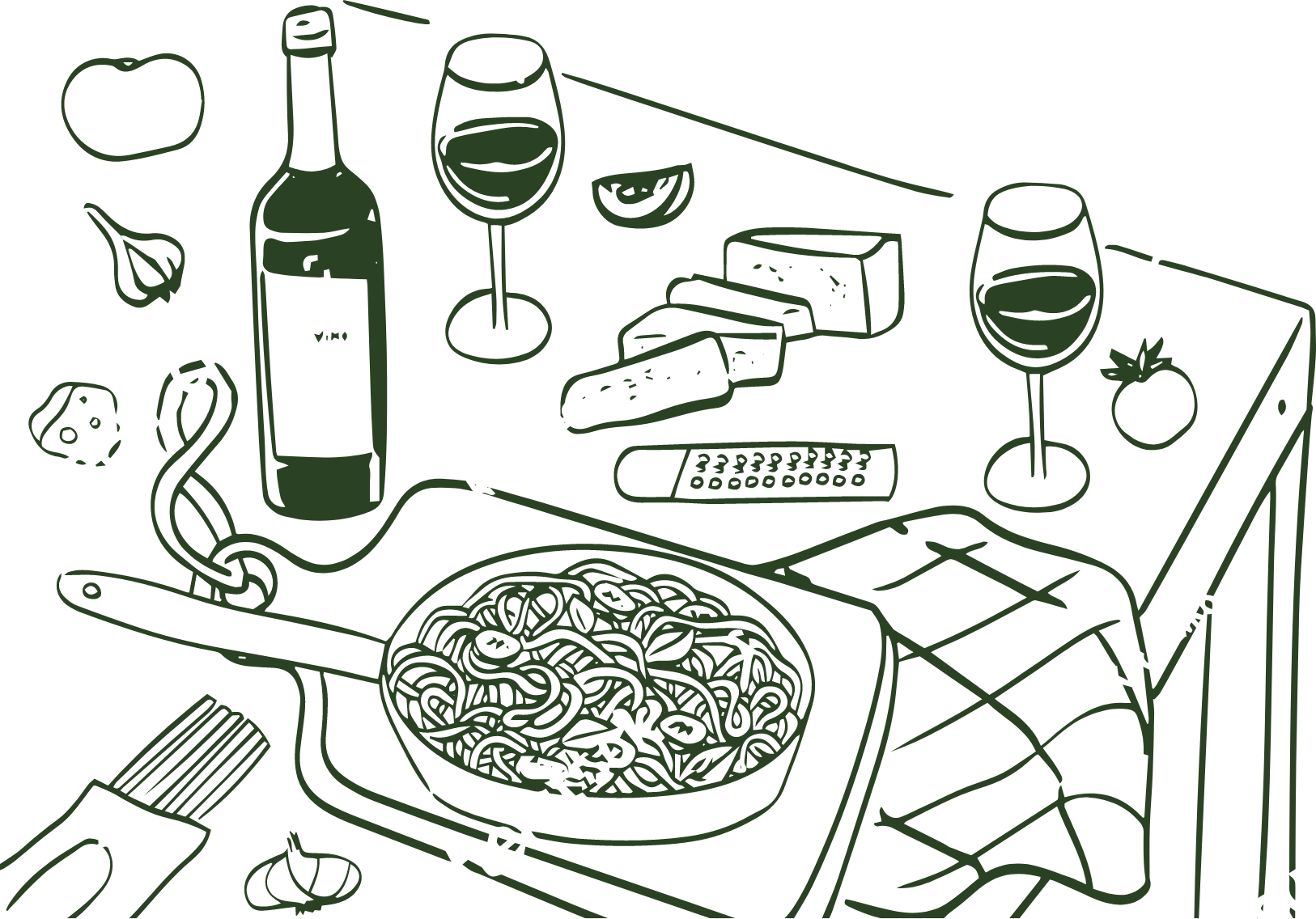 illustration of a table setting with cheeses, spaghetti and wines on top