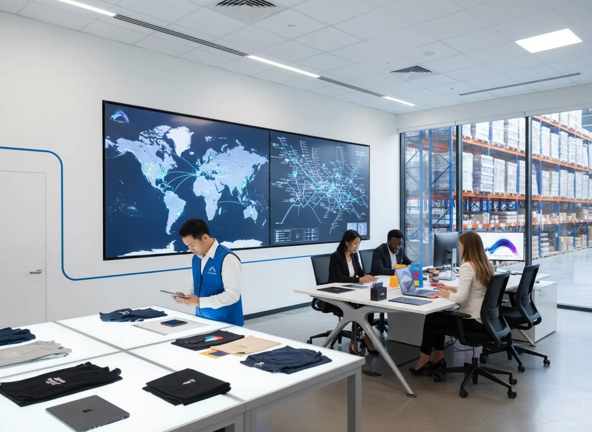 Office with four people working at desks, large digital world maps on the wall, shelves with boxes outside a large window.