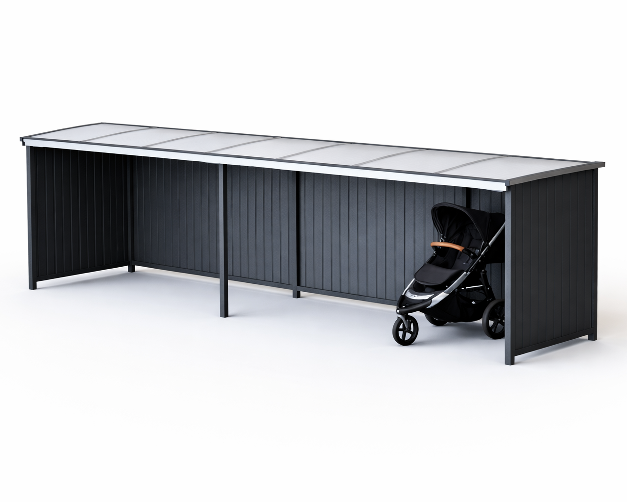 Barnevognskur  med profilerte plater i sider og bakvegg