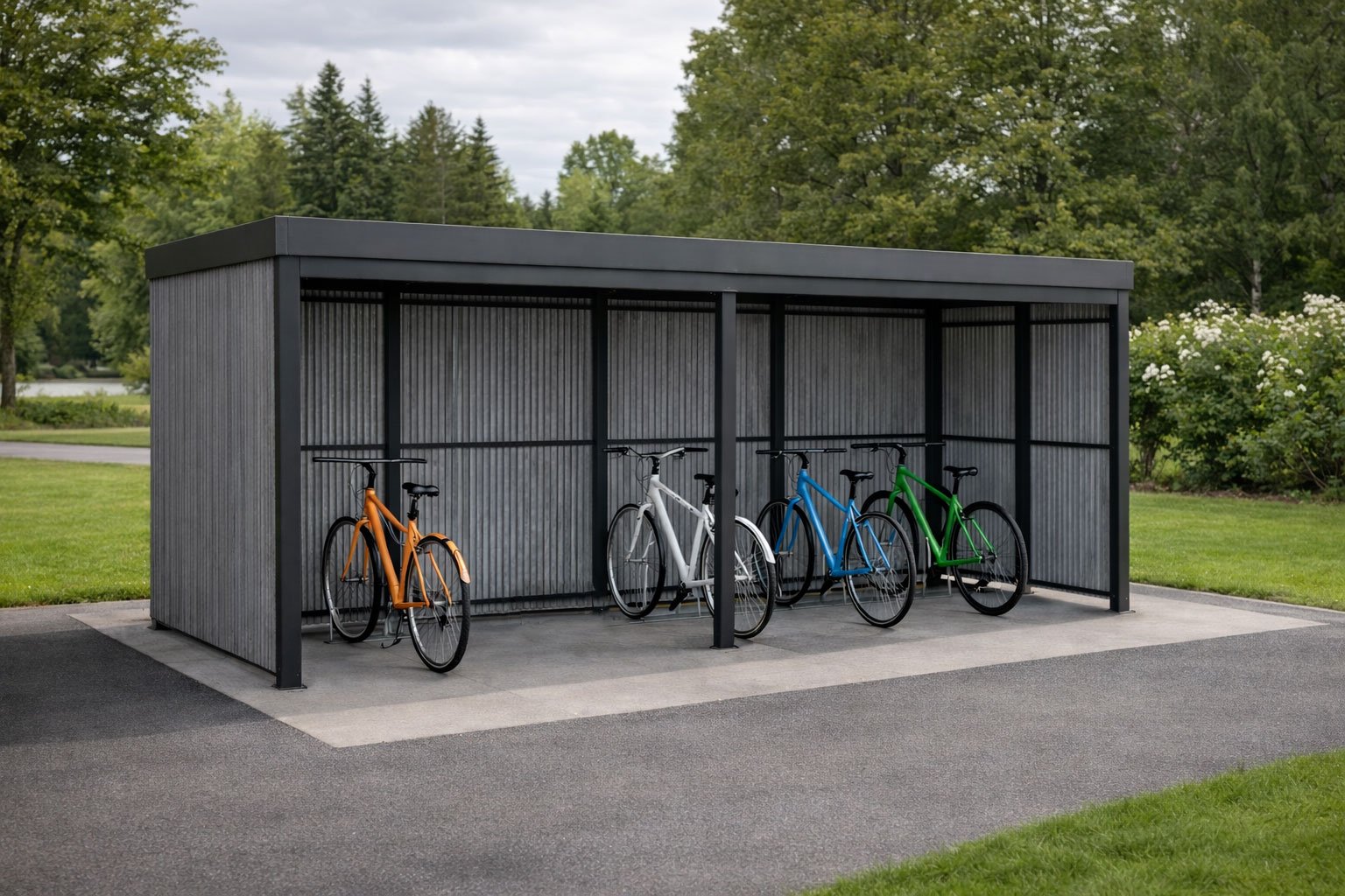 Sykkel leskur fra Suveren Rørmøbelfabrikk kan være vakre og kledd med kostadseffektive plater i mange flotte farger