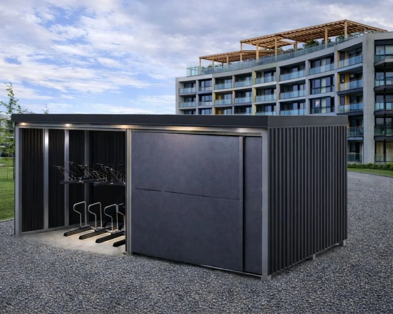 et kompakt sykkelskur som krever lite plass med smarte skyvedører og liten dybde