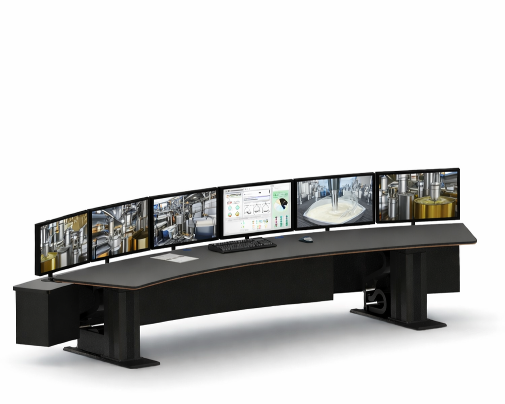 klassisk form på operatørbord med buet form som gir operatøren god oversikt over hele bredden uten å belaste nakken unødig