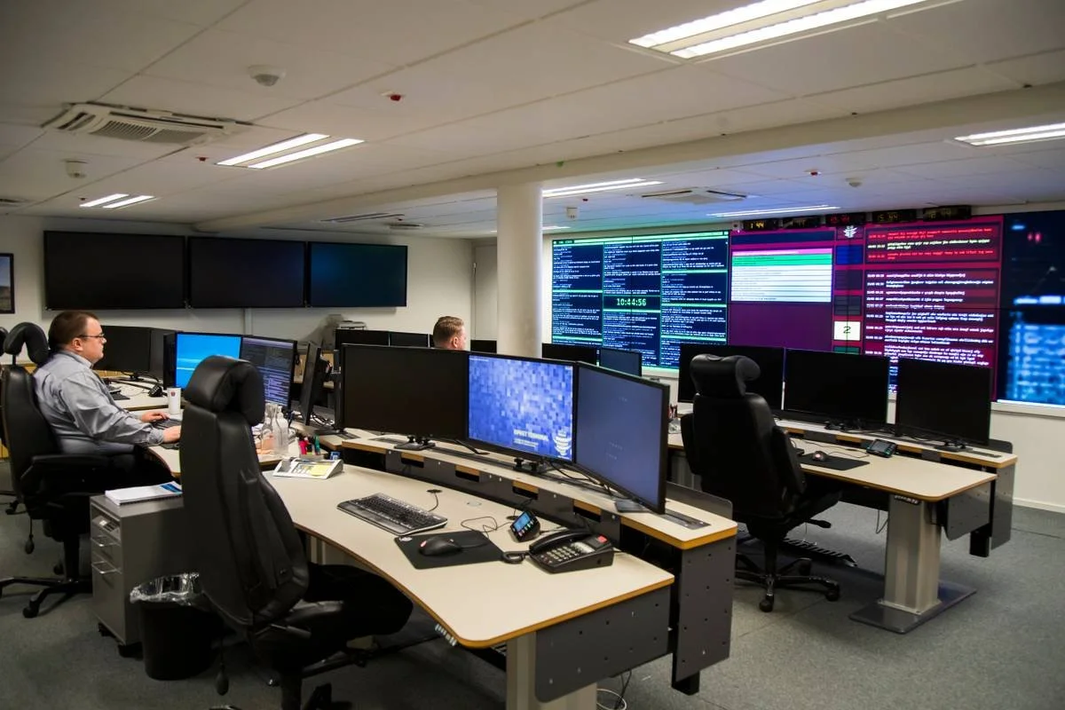 Operatørbord i kontrollrom som overvåker datatrafikk