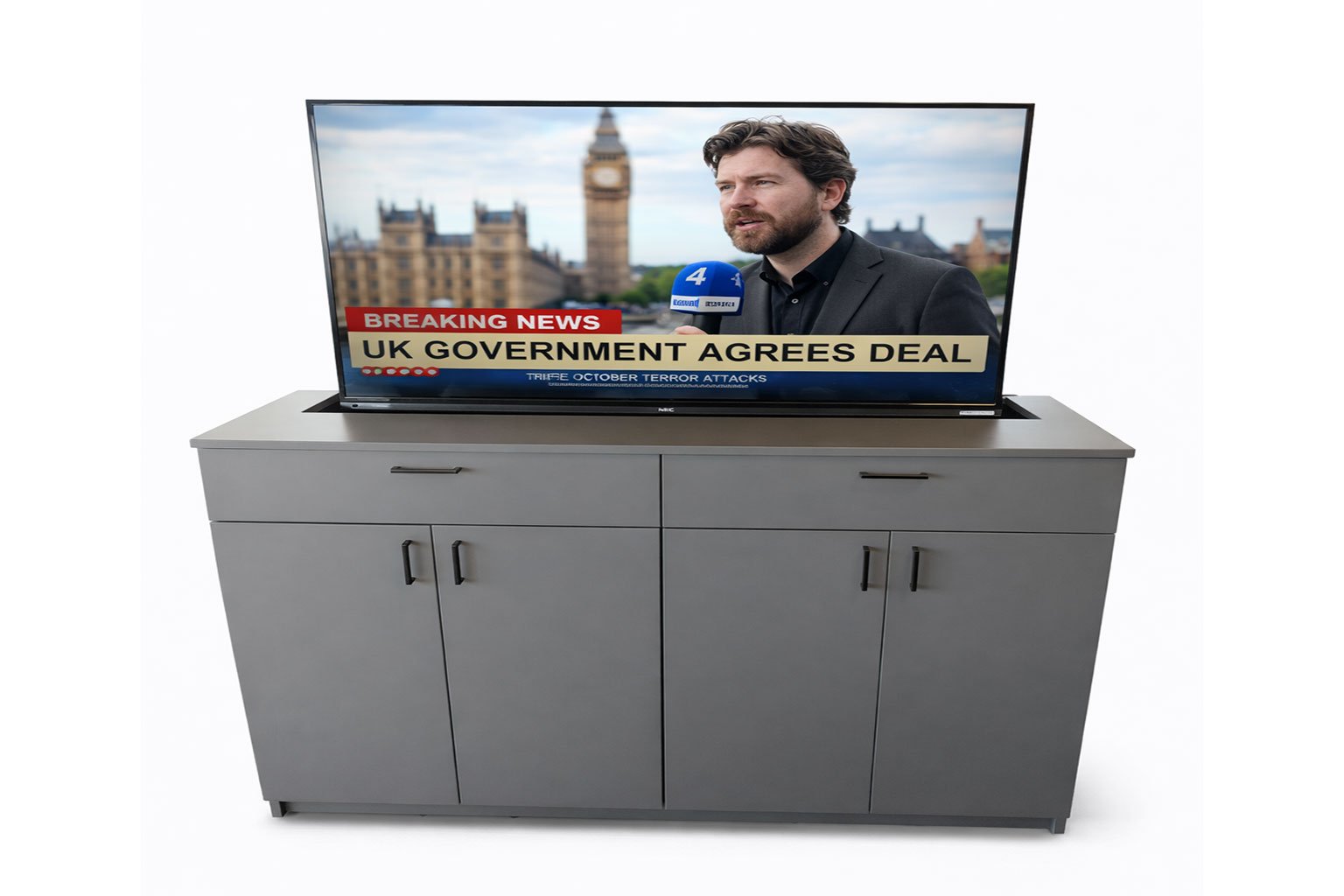 Tv benk med skap som er mobilt, satt på eldrehjem