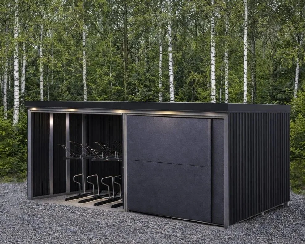 Kompakt sykkelskur i stål med plassbesparende løsning for mindre uteområder