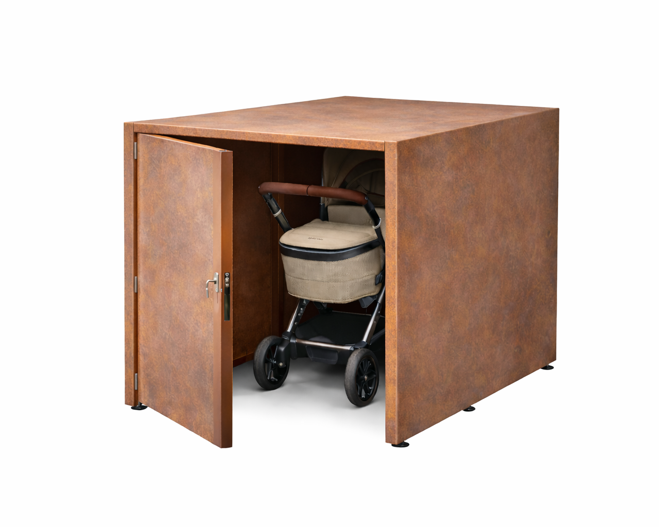 barnevogngarasje med cortenstål og med appstyrt låsesystem