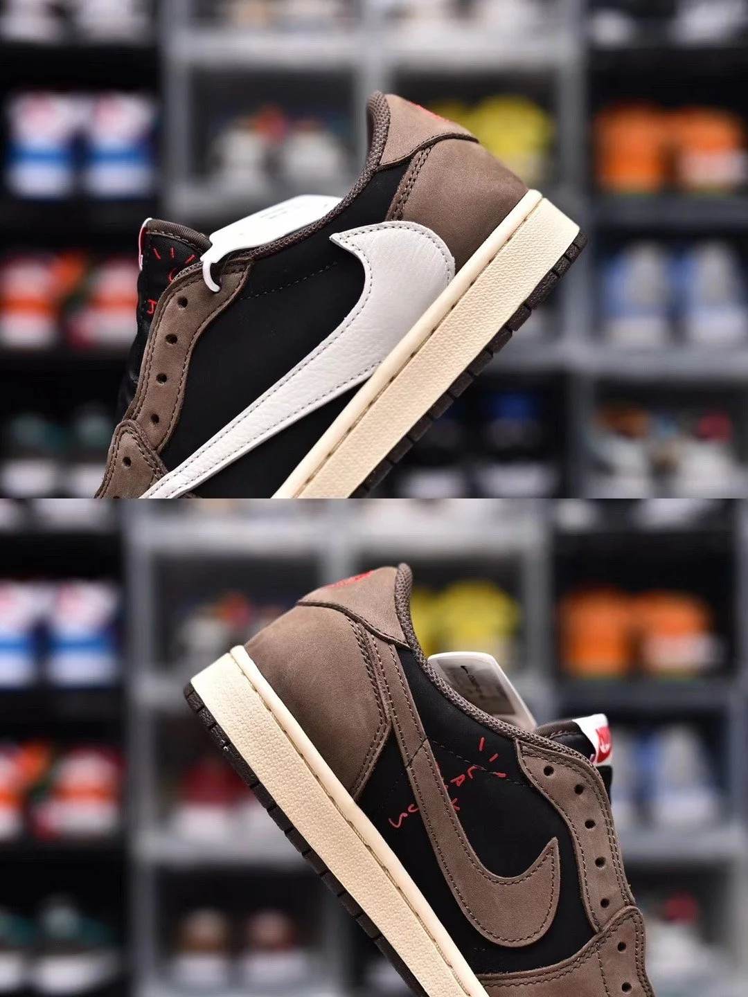Close-up of a pair of sneakers with black, brown, and white colors, set against a blurred background of shoe shelves.