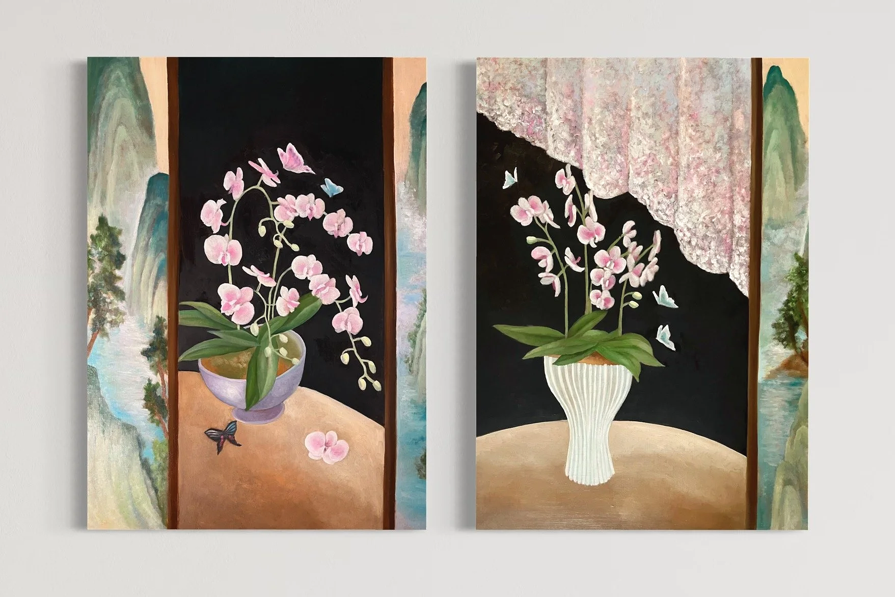 山水屏與蘭系列 1、2 Orchid and Landscape Folding Screen |2025 |92x65cm (one piece) | Oil on panel