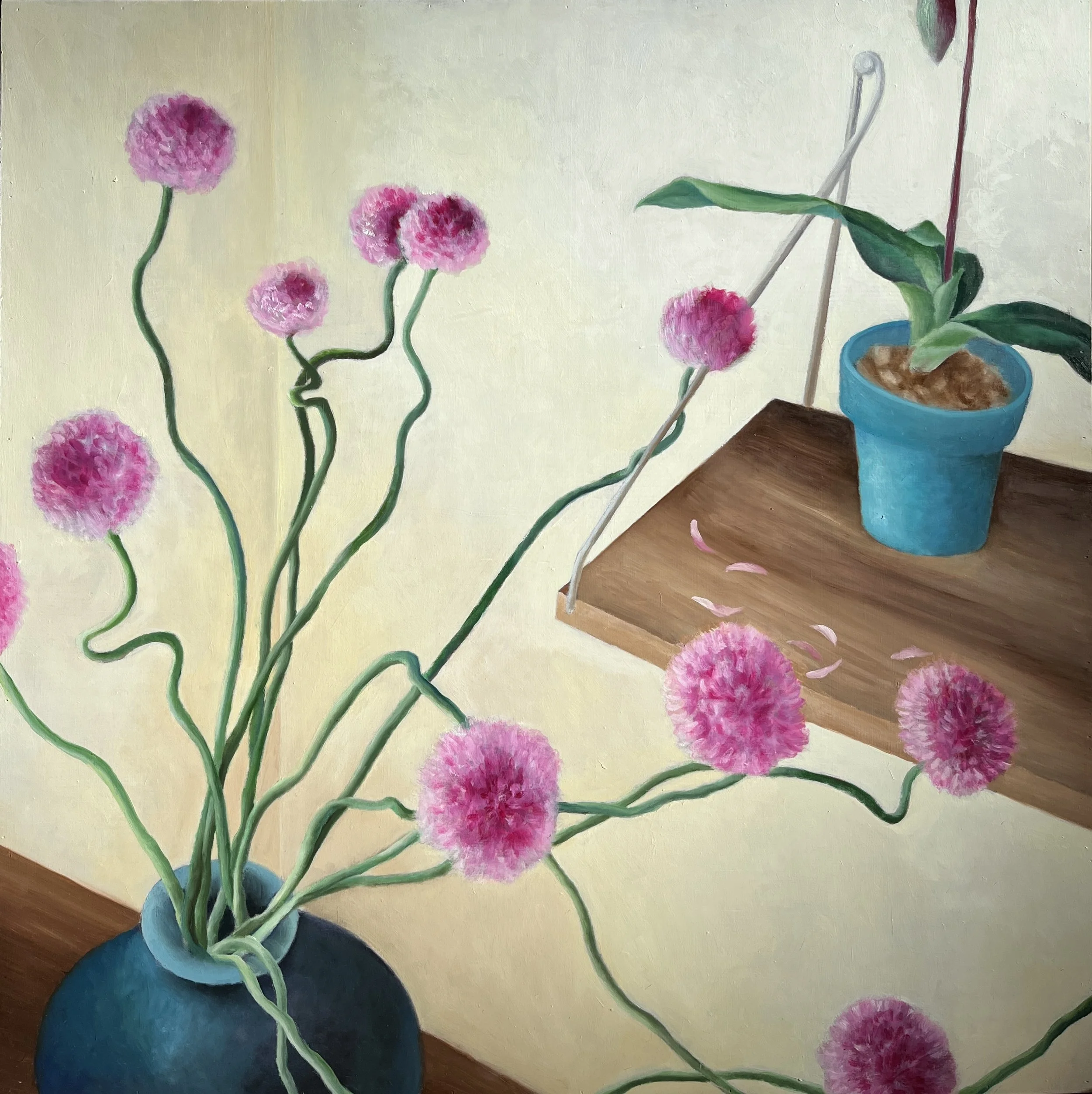 丹頂蔥與蘭 Allium Giganteum and orchild |2024 |90x90cm |Oil on panel