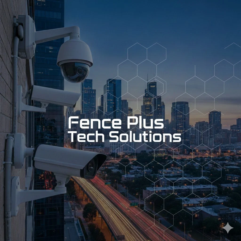 Security cameras mounted on a building wall overlooking a city skyline at dusk with the text 'Fence Plus Tech Solutions' overlaid.