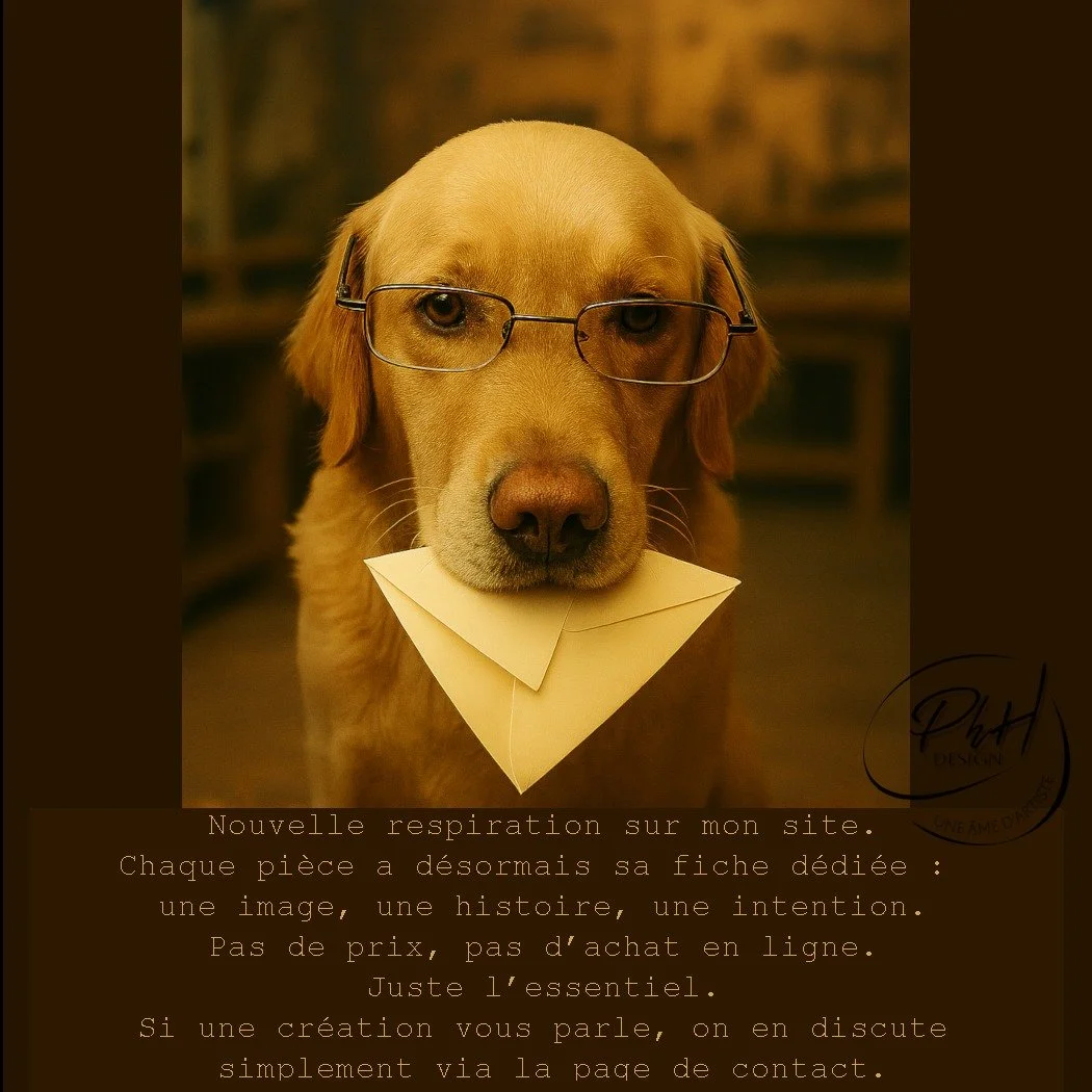 J&rsquo;ai r&eacute;organis&eacute; mon site pour offrir une nouvelle mani&egrave;re de d&eacute;couvrir mes pi&egrave;ces.
Chaque cr&eacute;ation poss&egrave;de d&eacute;sormais sa propre fiche : une image, une histoire, une intention.
Pas de prix, 