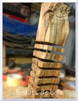Une sculpture en bois représentant une main sur une étagère, avec le texte 'Éclats de bois' en bas.