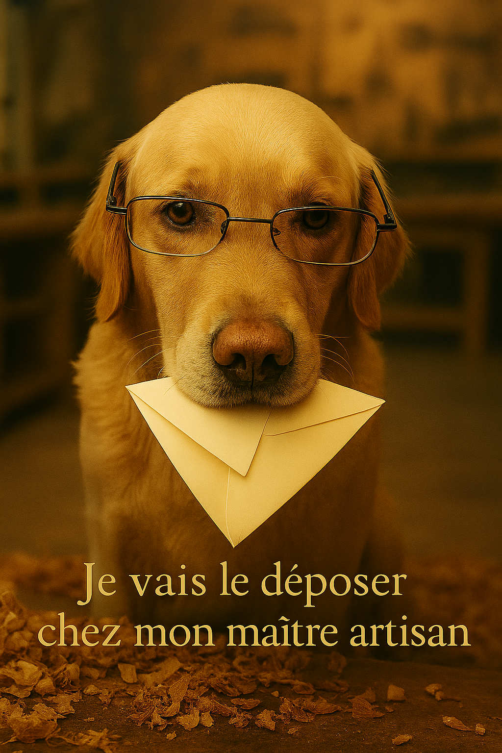 Un chien Labrador avec des lunettes portant une enveloppe dans sa bouche, sur un fond chaud et sombre, avec le texte en français "Je vais le déposer chez mon maître artisan".