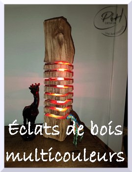 Décor avec une sculpture en bois, une girafe miniature, et un serpent en plastique, avec inscription "Éclats de bois multicolores".