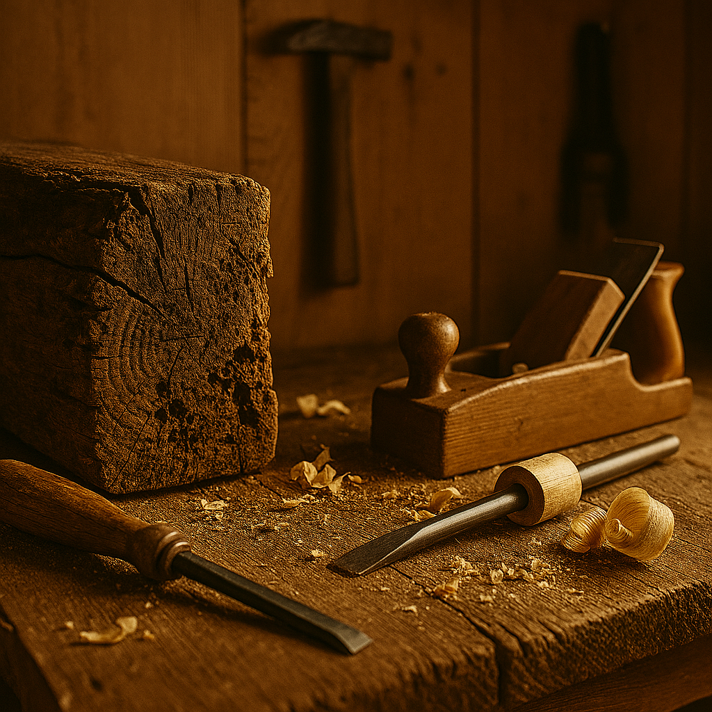 Le geste et la matière. Bois brut, copeaux, lumière rasante.