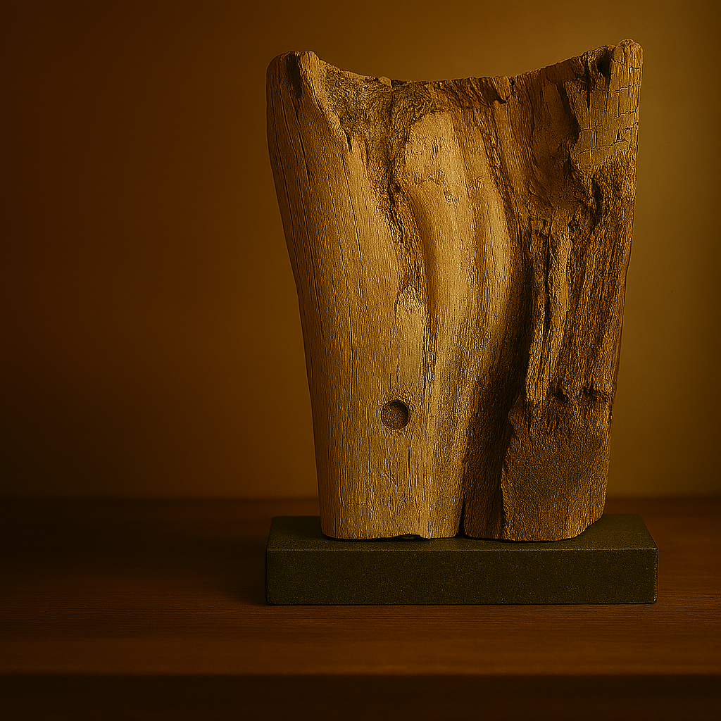 Une sculpture en bois sur une base noire, monochrome, avec un fond sombre.