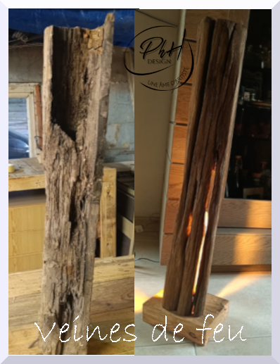 Deux morceaux de bois anciens, sculptés en forme de veines de feu, utilisés comme décor. Le premier est plus large et texturé, le second est plus fin et lisse, tous deux sur des supports en bois.