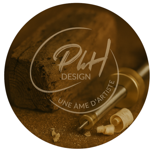Logo circulaire “Phil Design – Une âme d’artiste” posé sur un fond bois brut avec outil d’atelier. Identité visuelle artisanale mêlant création, matière et poésie.