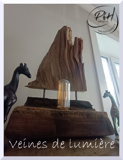 Décoration intérieure, une lampe signature avec une sculpture en bois, deux figurines de girafes, et une inscription "Veines de lumière" en bas