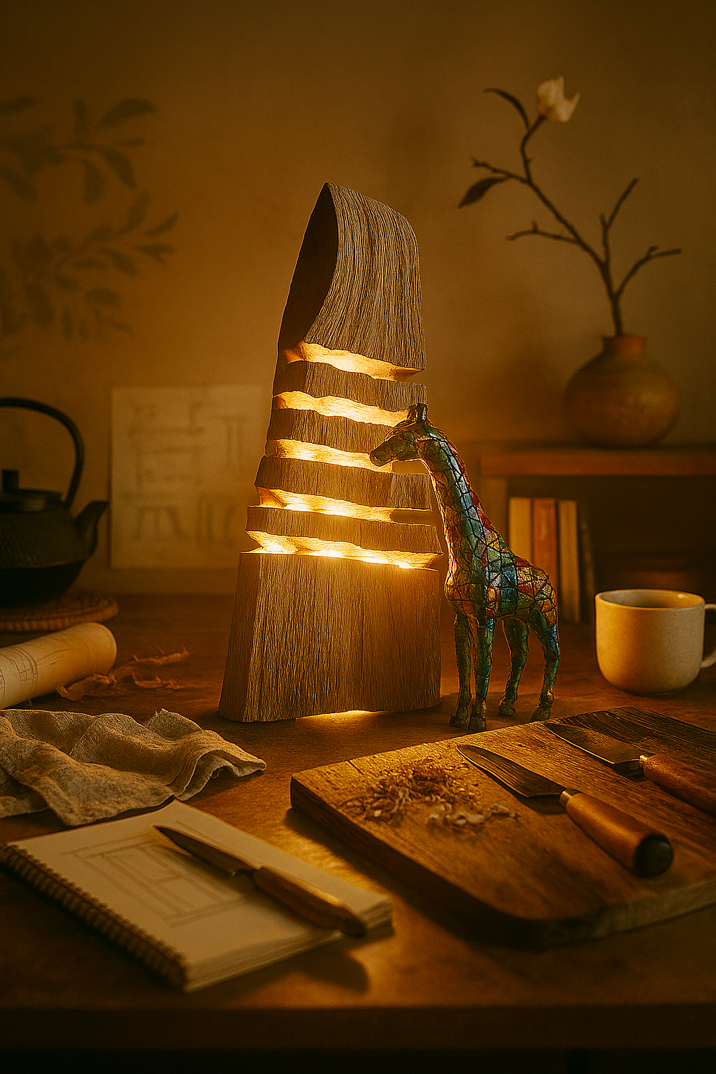 Lampe artisanale en bois avec éclairage chaud, en forme de tour, accompagnée d'une petite sculpture en forme de girafe colorée, sur une table en bois avec un carnet, un couteau, un livre, une tasse et des décorations)},