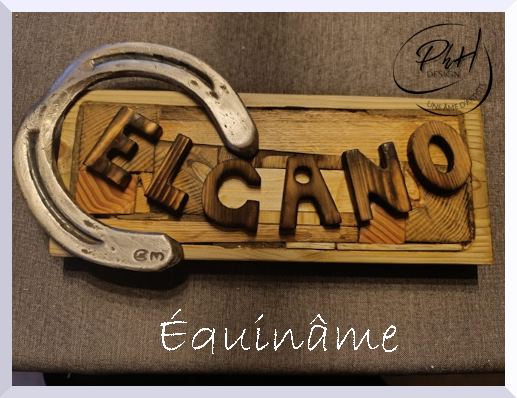 Une plaque en bois avec les lettres «EL CANGO» et un fer à cheval en métal argenté posé dessus, avec la phrase «Équinâme» écrite en dessous.