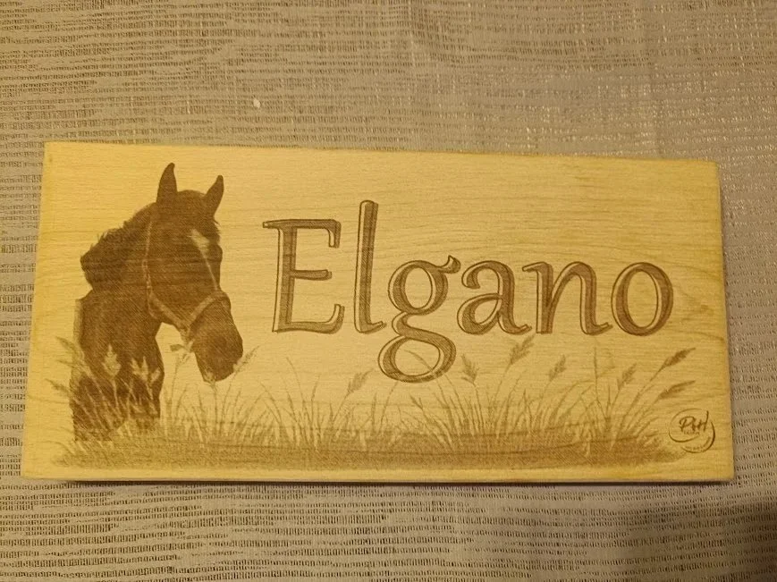 Plaque en bois avec un dessin d'un cheval et le nom "Elgano" écrit dessus.