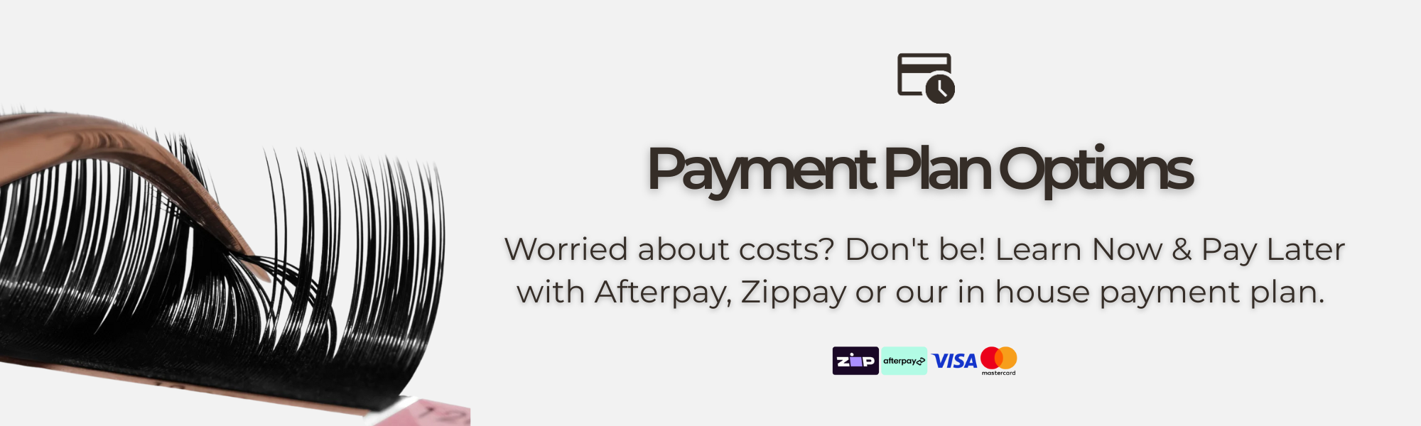 Graphic advertising payment plan options and text reading 'Payment Plan Options' with a subheading about flexible payment methods, including logos for Zippay, Afterpay, Visa, and Mastercard.