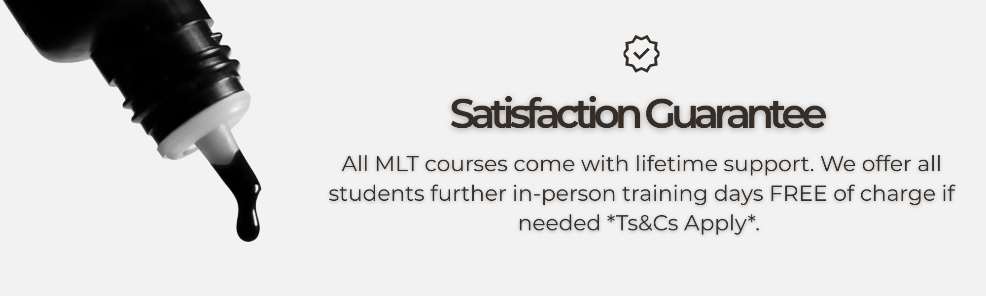 Graphic with text reading 'Satisfaction Guarantee' and information about lifetime support and free in-person training for students.