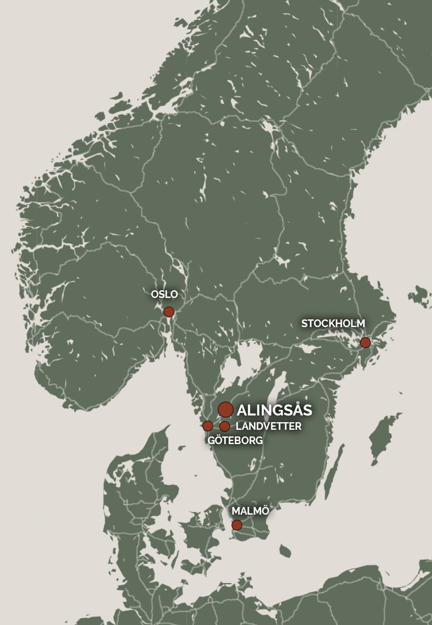 Kartbild över Sverige med markerade städer: Oslo, Stockholm, Alingsås, Landvetter, Göteborg, Malmö.