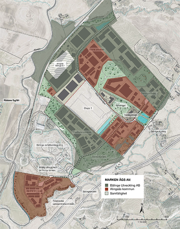 Kartskiss över utvecklingsområden i Alingsås, med markeringar för Bälinge Utveckling AB, Alingsås kommun och samfällighet, samt olika planerade områden och vägar.