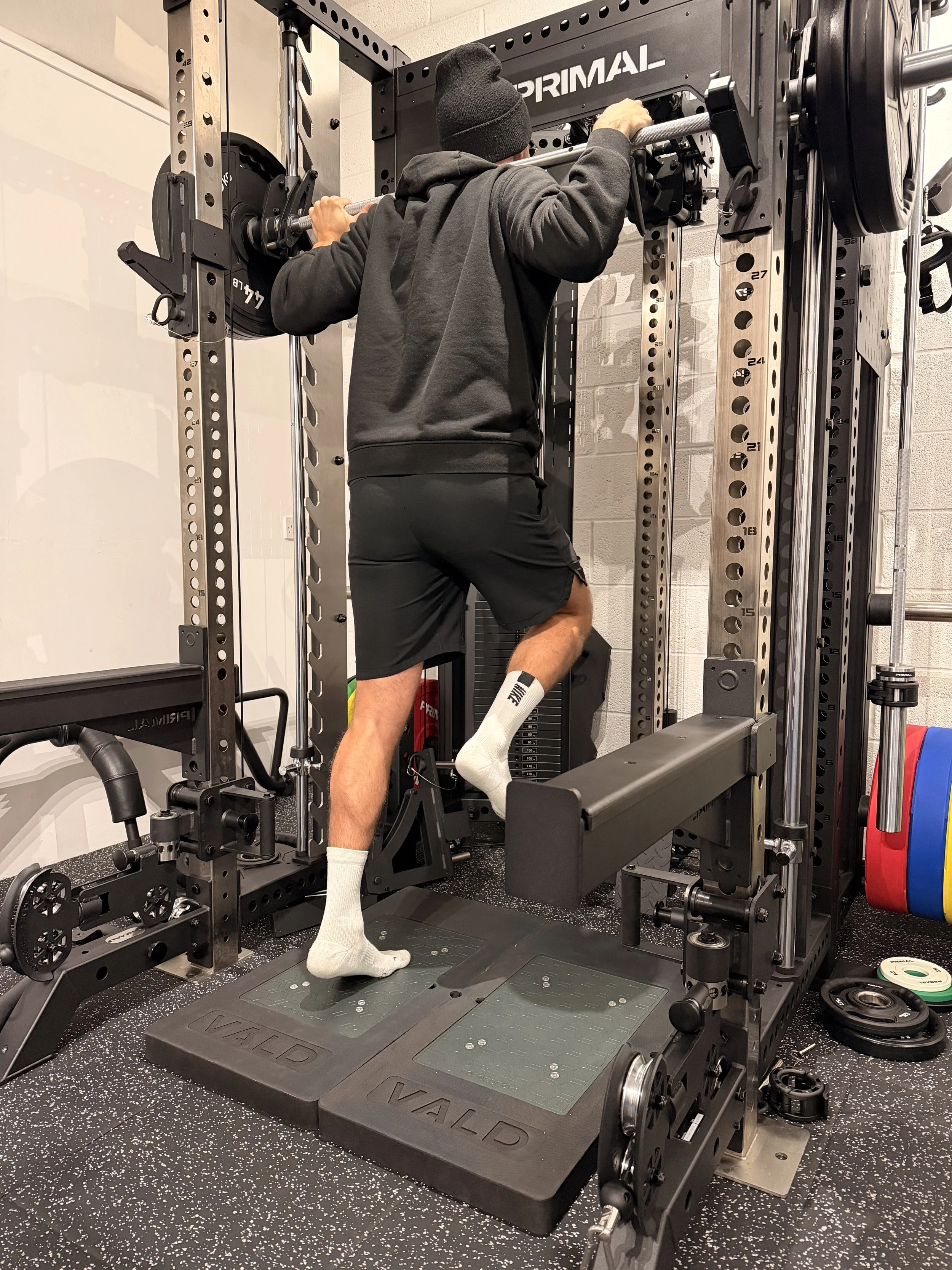 Bristol football player performing achilles and ankle running force plate isometric test in performance analysis session