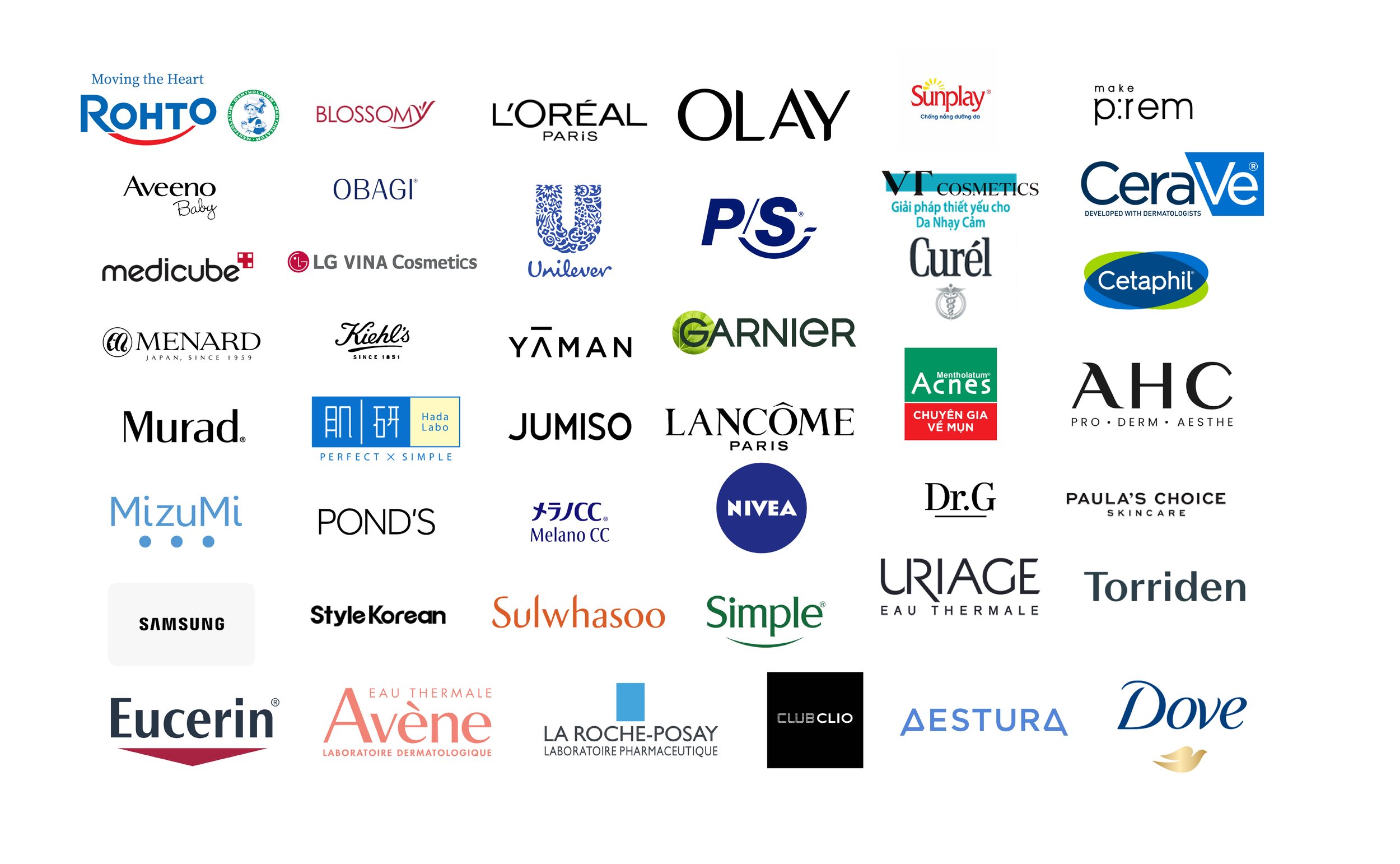 Compilation of various skincare and cosmetic brand logos including Rohto, Blossom, L'Oreal, Olay, Sunplay, Make P'Rem, Aveeno, Obagi, Unilever, P/S, CeraVe, Cetaphil, Medicube, LG Vina Cosmetics, Menard, Kiehl's, Yaman, Garnier, Murad, Hada Labo, Jumiso, Lancôme, Acne, AHC, Dr.G, Paula's Choice, Uriage, Torriden, MizuMi, POND'S, Melano CC, NIVEA, Samsung, Style Korean, Sulwhasoo, Simple, Eau Thermale Avène, La Roche-Posay, Club Clio, Aestura, Dove, and Eucerin, arranged in a grid on a plain white background.