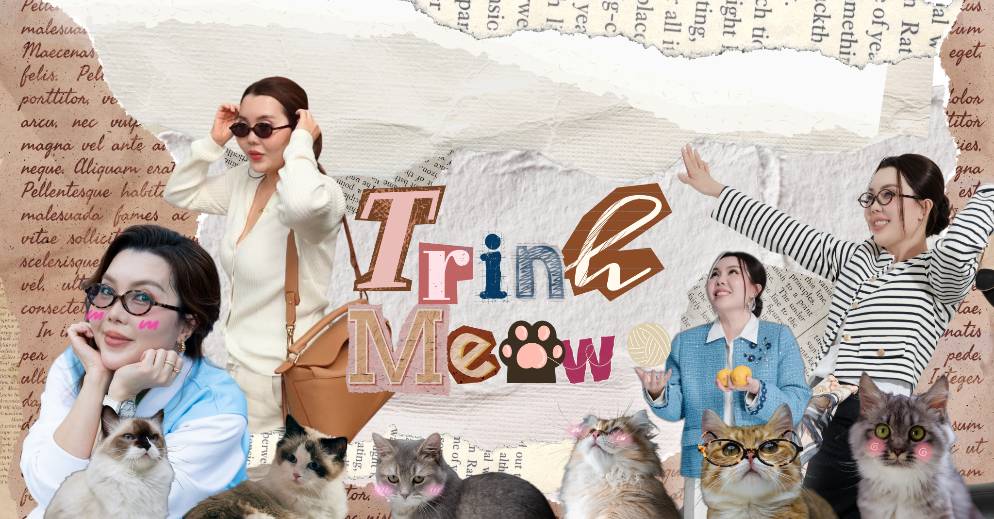 A collage celebrating a woman’s birthday with multiple women, cats, and creative text on torn paper backgrounds.