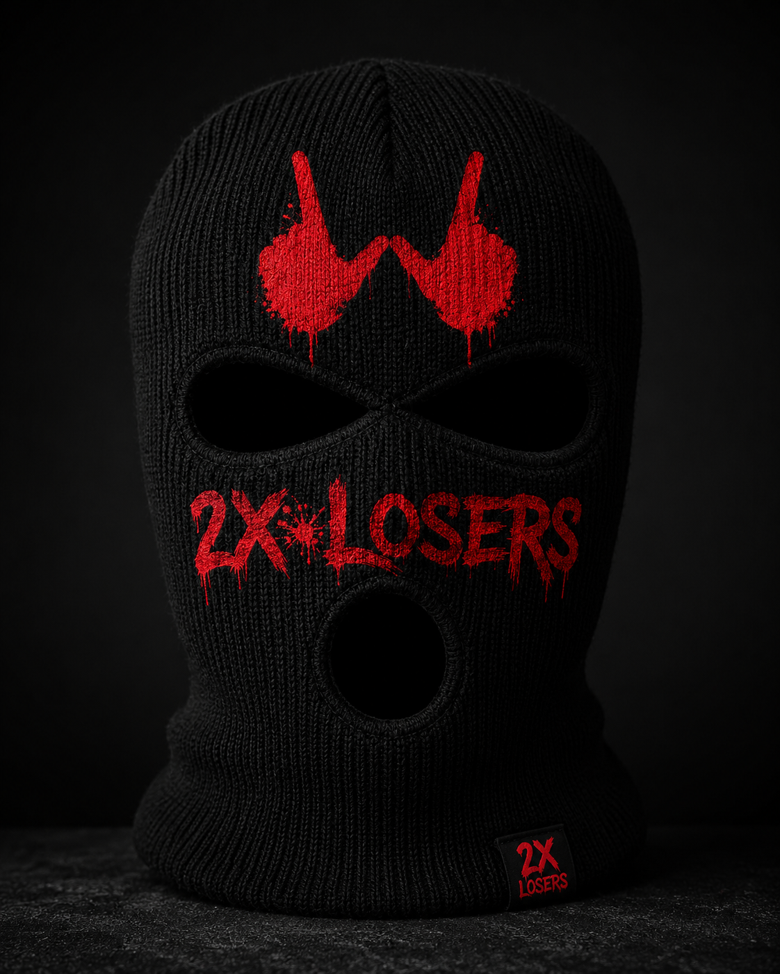Black ski mask with a red graphic of two hands making a gun shape and the words '2X LOSERS' in a distressed font.