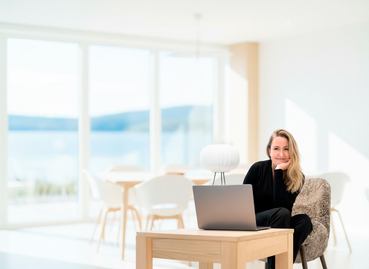 Frau sitzt an einem Tisch mit Laptop in einem hellen Raum mit großen Fenstern, die einen Blick auf Wasser und Berge bieten.