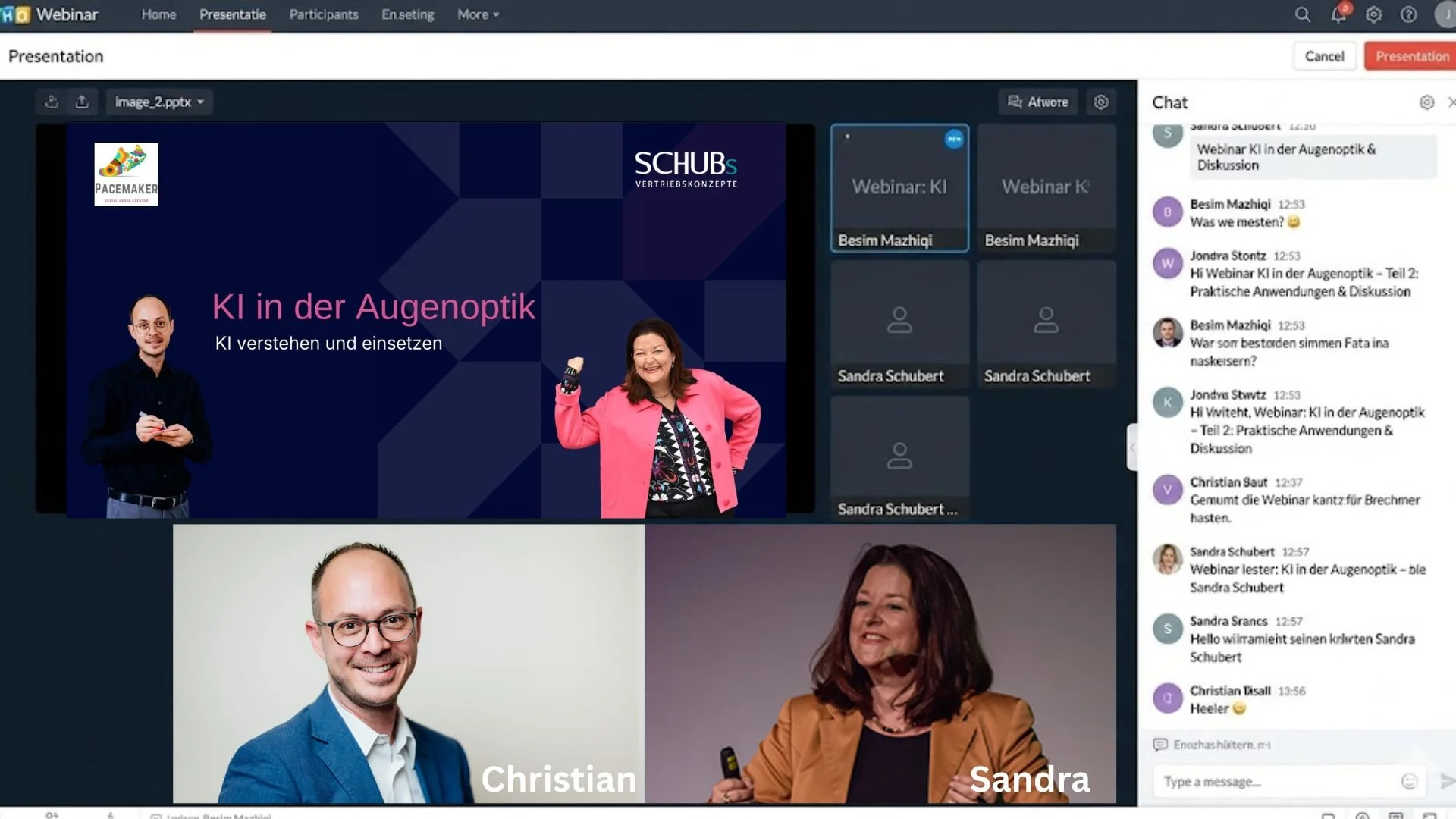 Screenshot eines Online-Webinars zum Thema KI in der Augenoptik, mit Präsentation, drei Rednern und Chat-Nachrichten