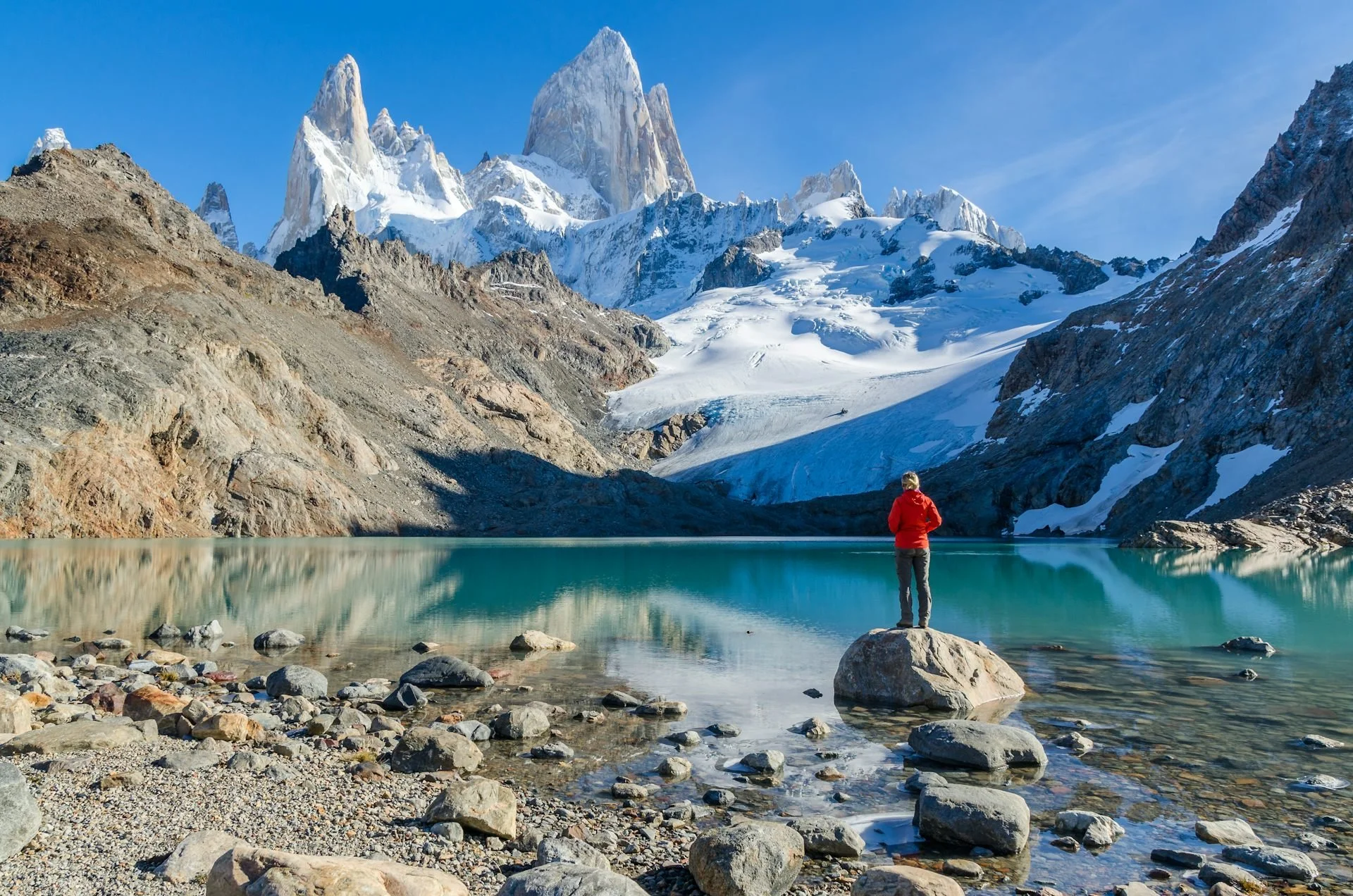 A person standing on a large rock in a lake with snow-capped mountains in the background under a clear blue sky.